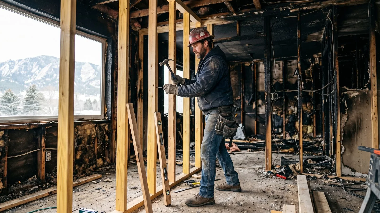 Carpenter framing a fire-damaged room mid-reconstruction