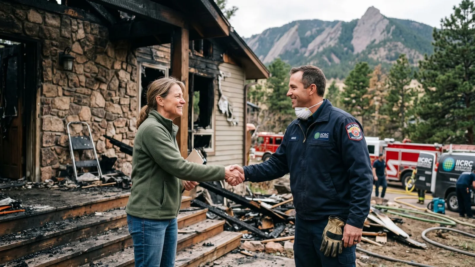 Homeowner shaking hands with a certified specialist outside a Boulder home