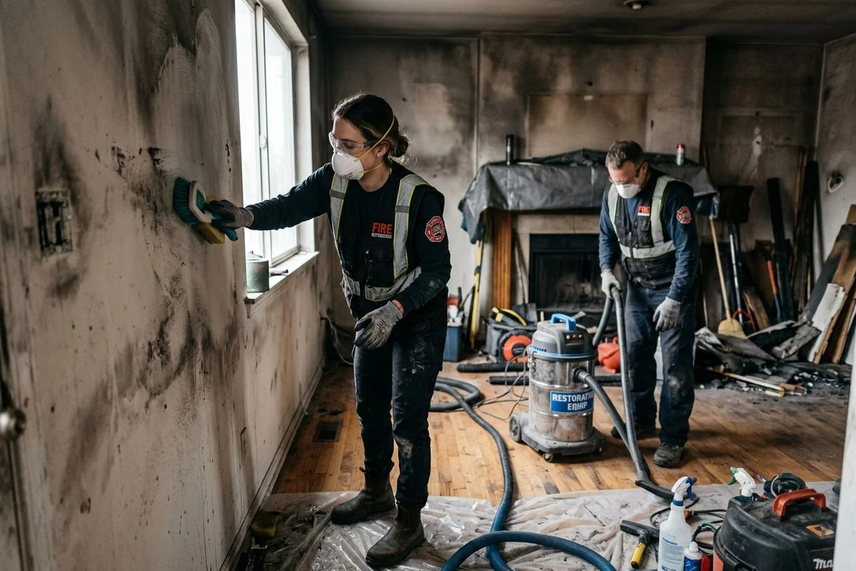 Crew working inside a surviving Marshall Fire home