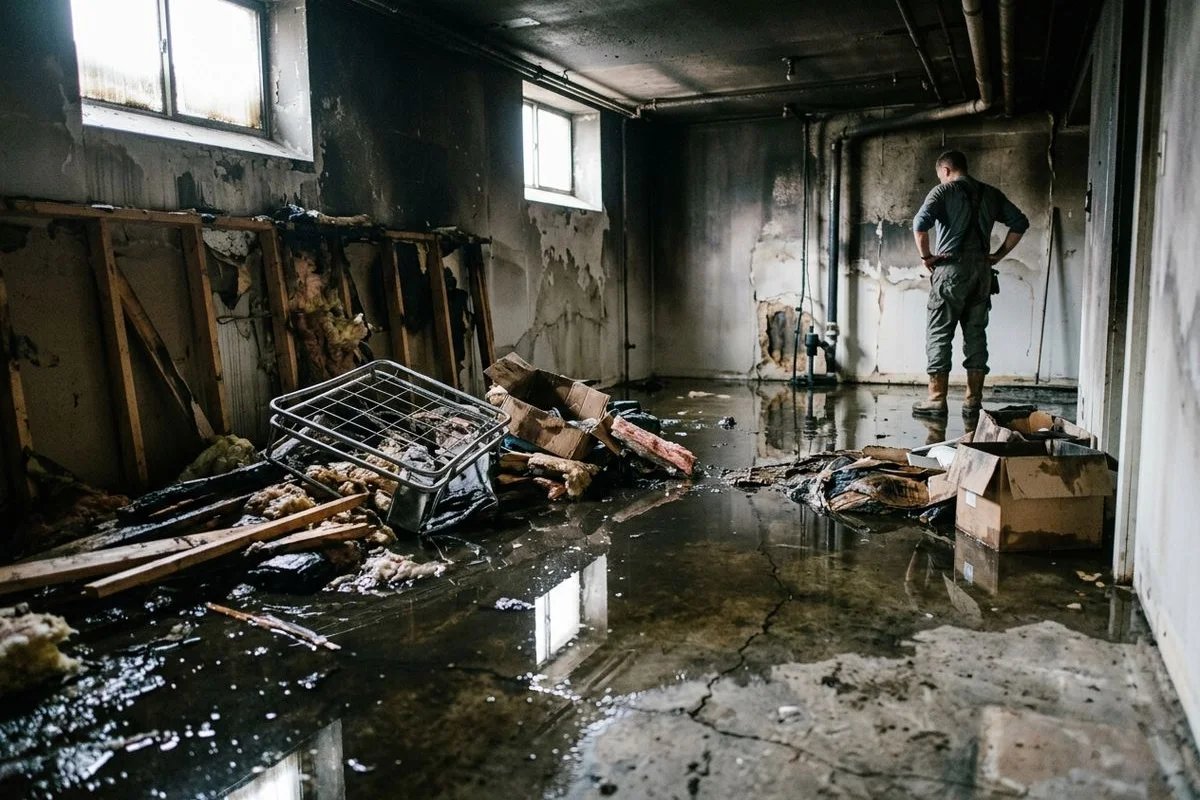 Standing water in a basement after suppression