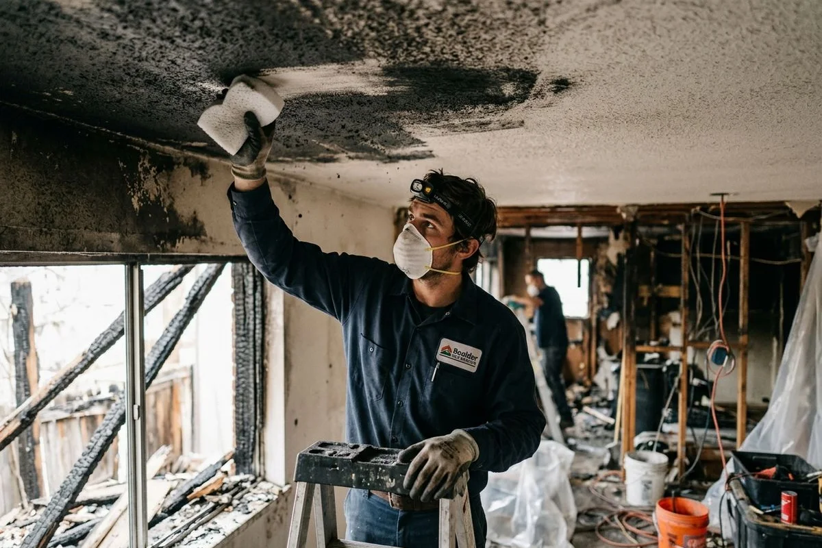 Technician using a chemical sponge for dry soot removal
